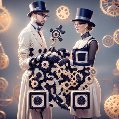Steampunk Couple with Gears 3D QR Code for Posters — image 1