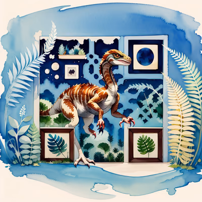Velociraptor and Ferns Watercolor QR Code Art — image 1