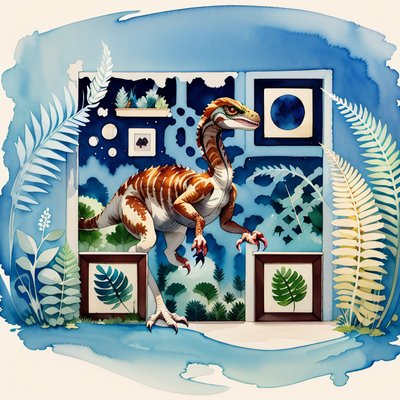 Velociraptor and Ferns Watercolor QR Code Art