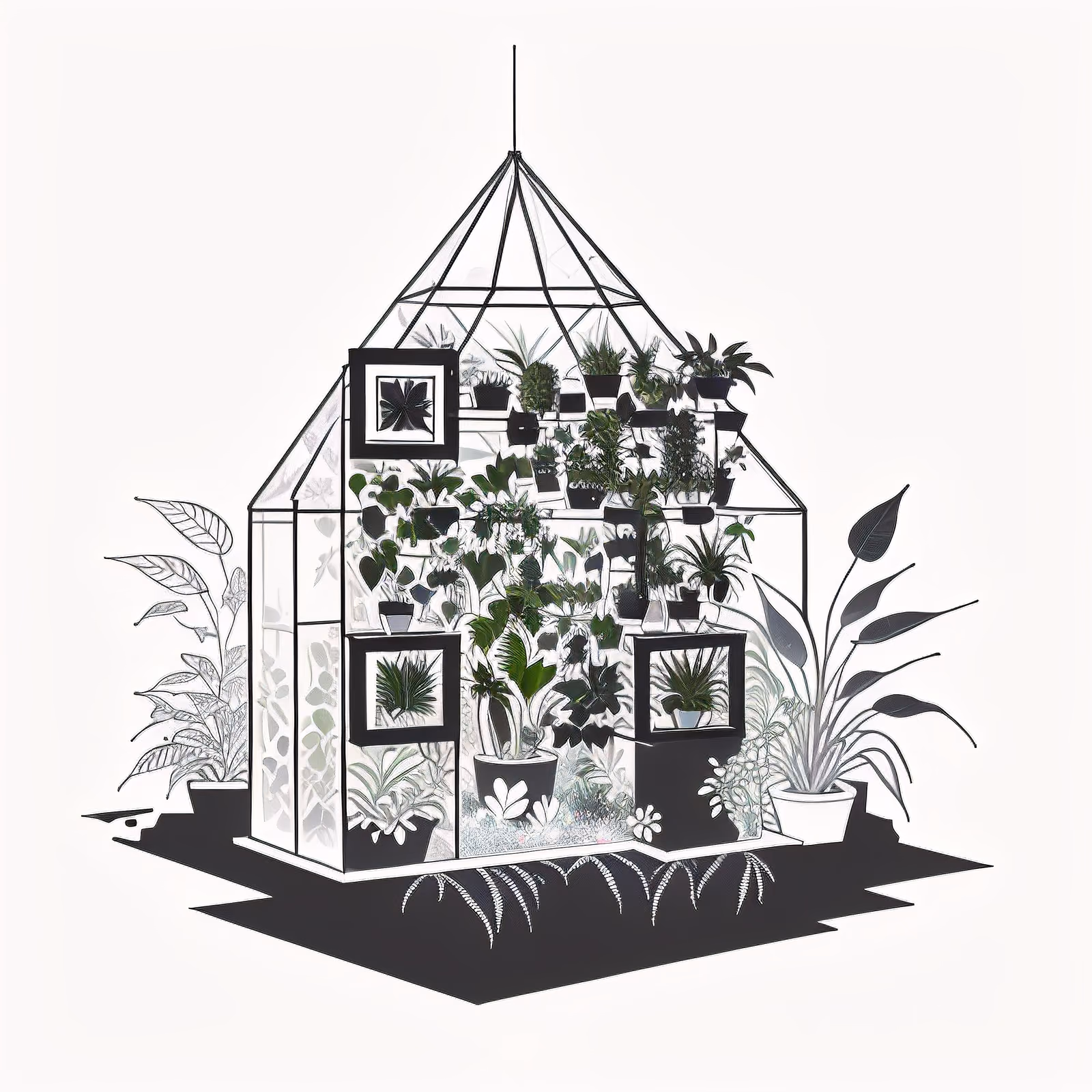 温室植物水墨线描二维码艺术 — 图片 1
