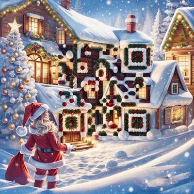 Santa Village Christmas Digital Painting QR Code for Greeting Cards