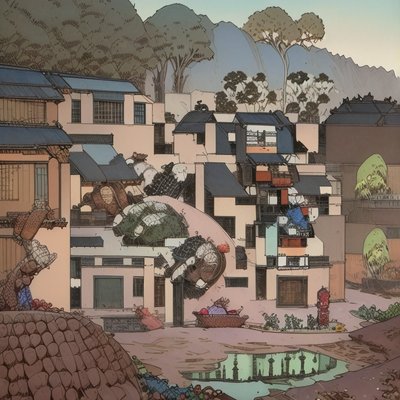 Hillside Village Comic Style QR Code for Posters