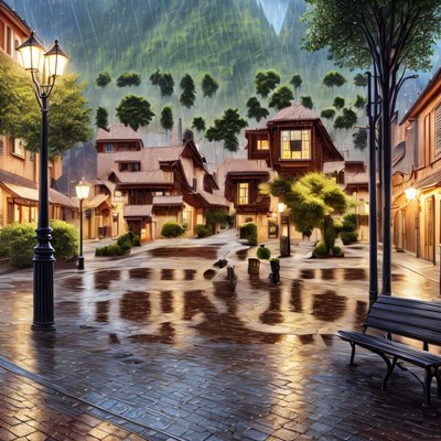 Дождливая улочка горной деревни: фотореалистичное QR-код искусство
