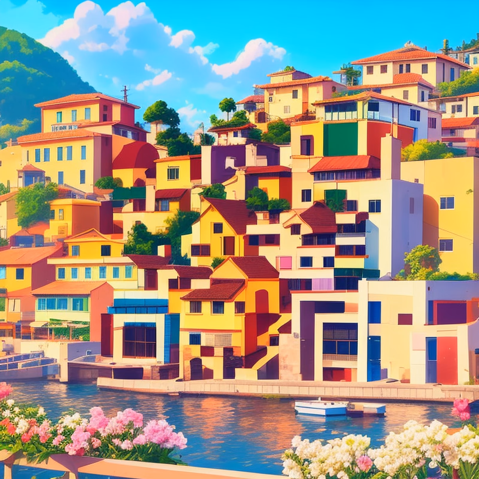 Colorful Waterfront Town Vector QR Code for Posters — image 1