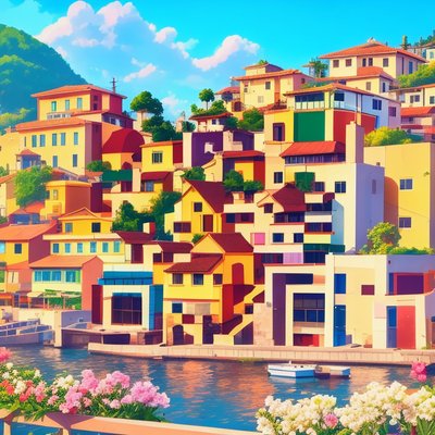 Colorful Waterfront Town Vector QR Code for Posters