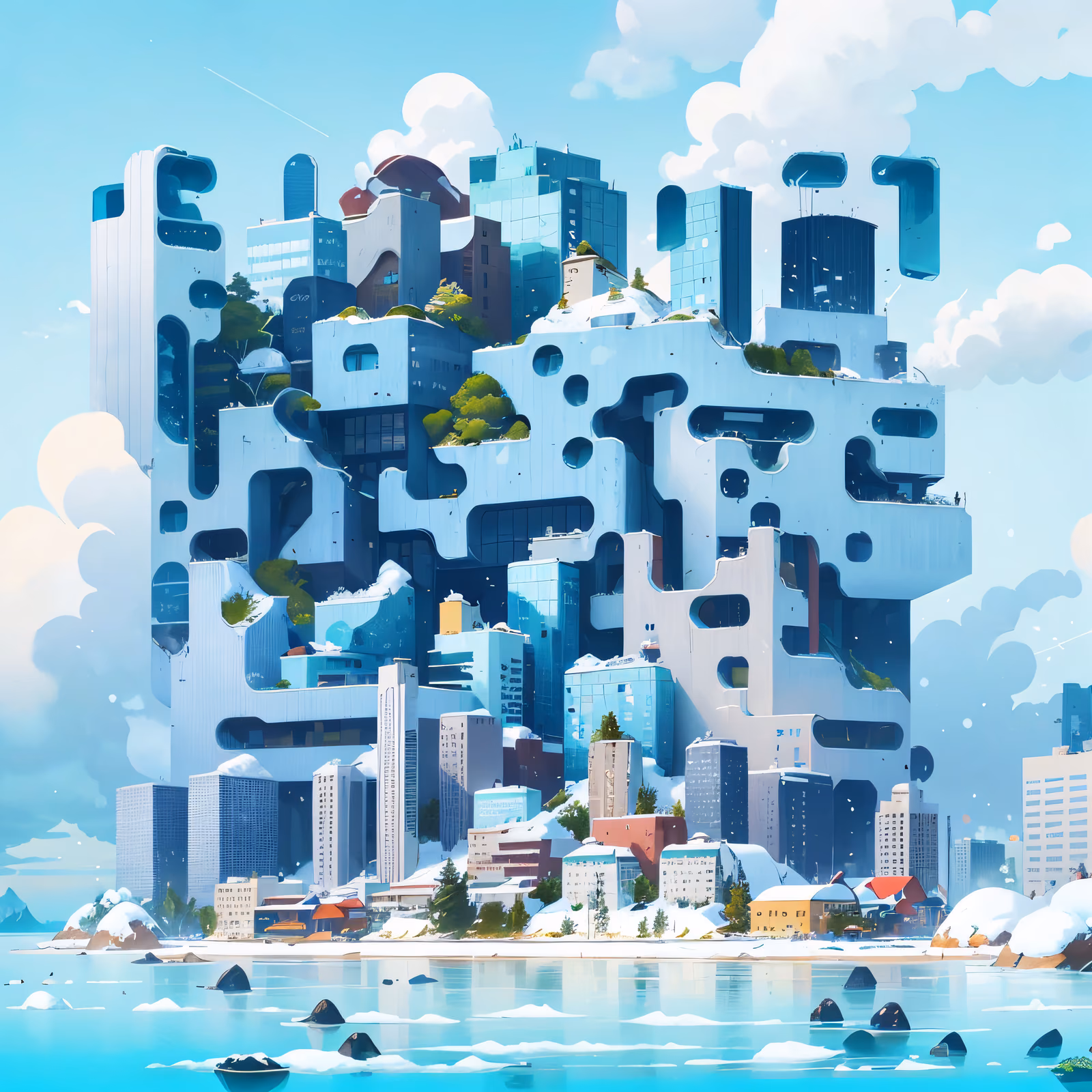 Snowy Waterfront Futuristic City QR Code for Posters — image 1