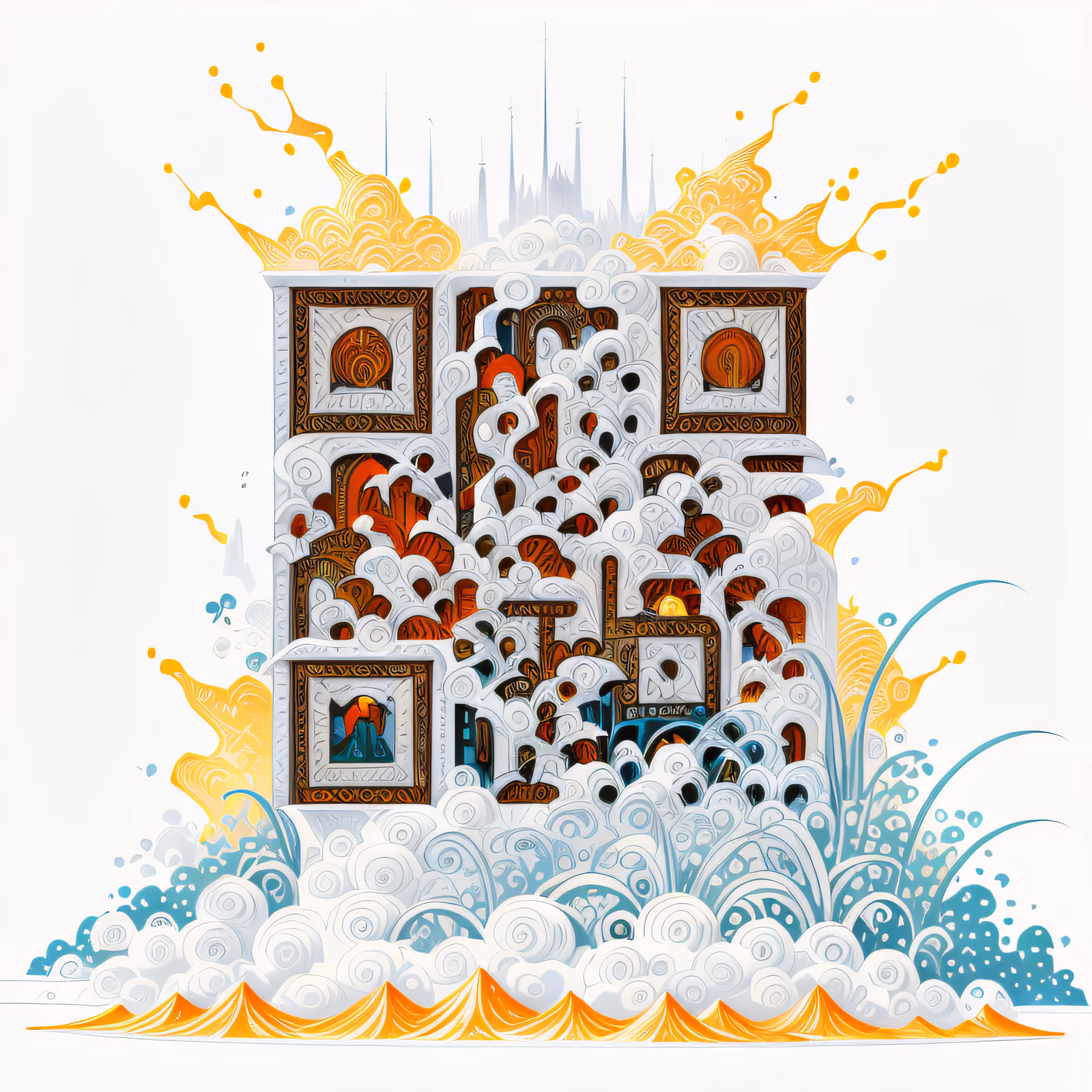 云雾缭绕的奇幻高塔二维码艺术 — 图片 1