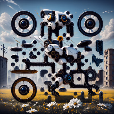 Robot Graveyard Flower Field Surreal QR Code for Posters — image 1