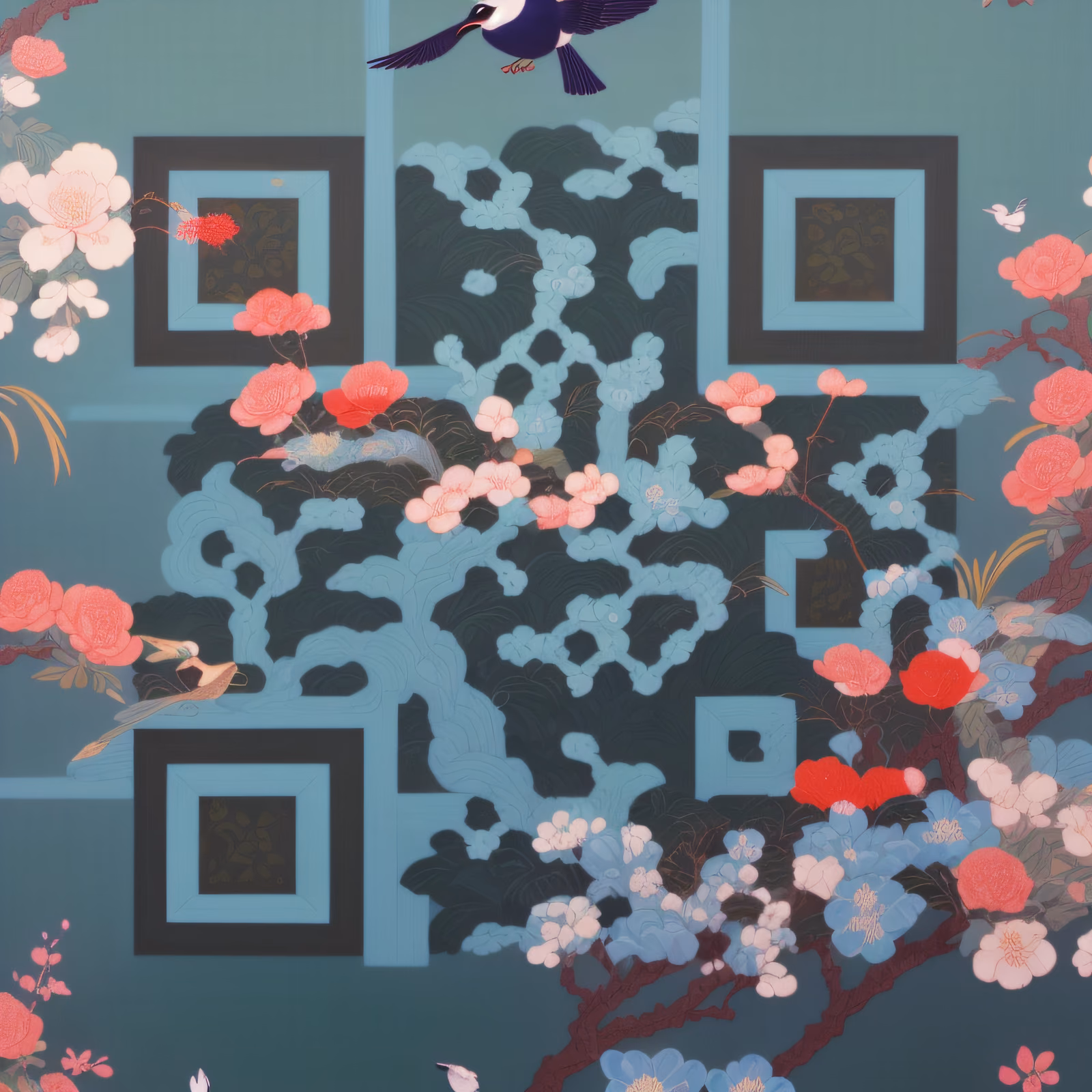 Chinoiserie Flowers and Birds QR Code Art — image 1