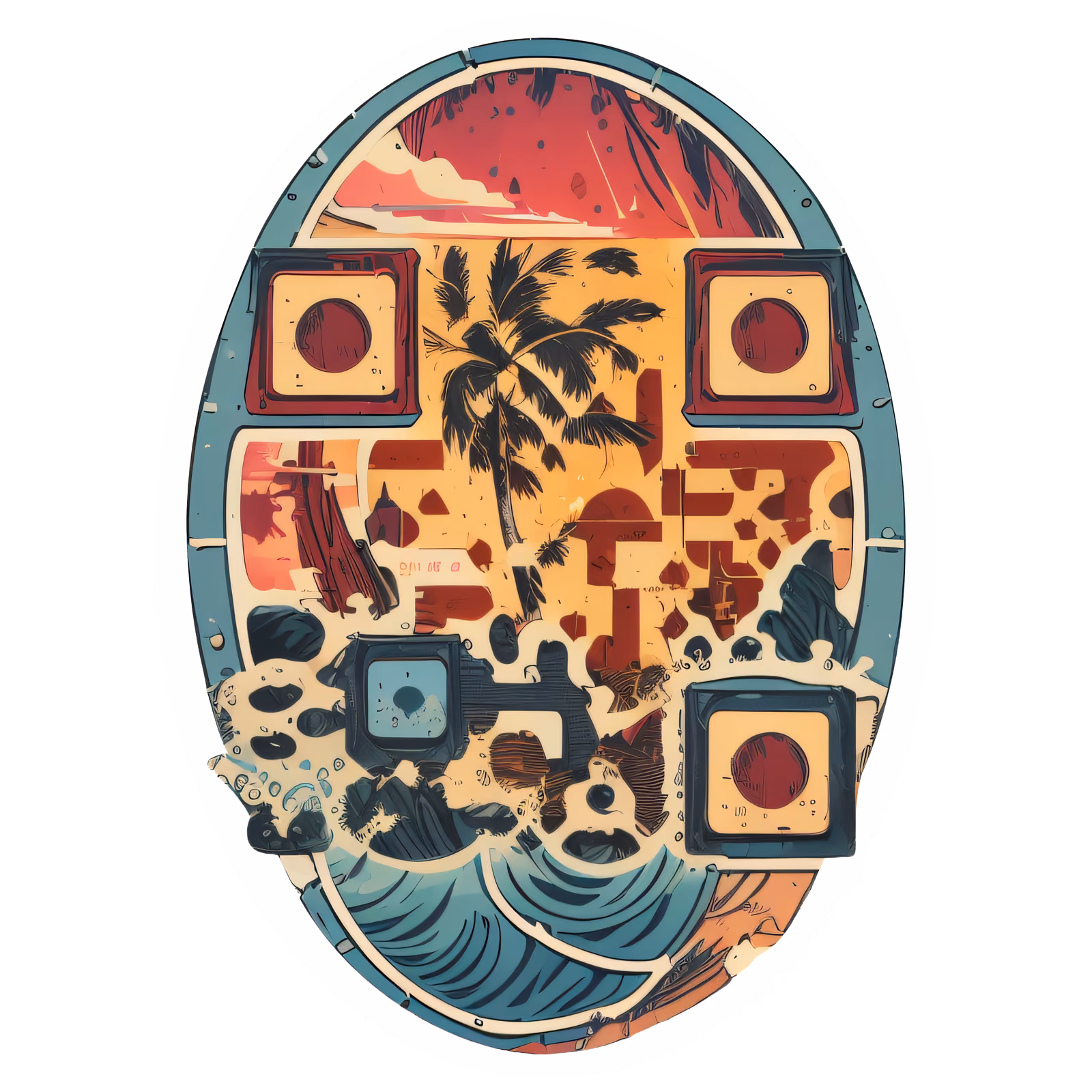 Ретро-пляж с пальмой на закате: QR-код для наклеек — изображение 1