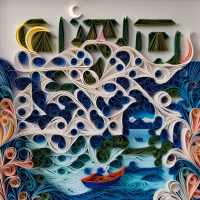 Quilled Mountain Lake Boat QR Code Art — image 1