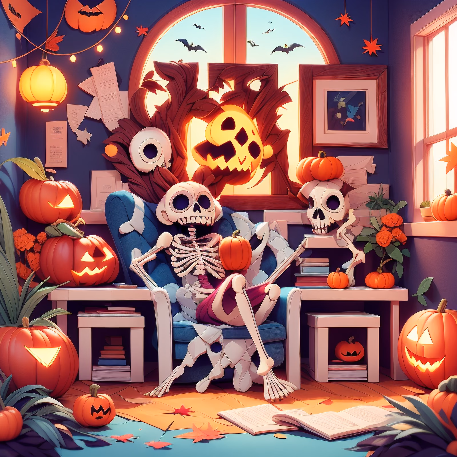 Skeleton in Armchair Halloween Cartoon QR Code for Posters — image 1