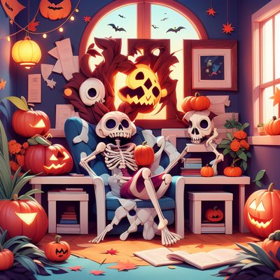 Skeleton in Armchair Halloween Cartoon QR Code for Posters