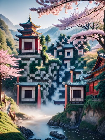 Misty Pagoda Valley Cherry Blossom QR Code Art