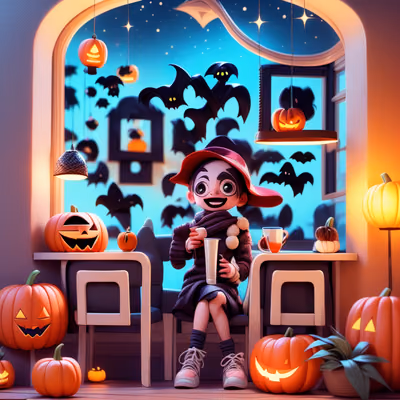 Хэллоуинское кафе с ребёнком: 3D мультяшный QR-код для постеров — изображение 1