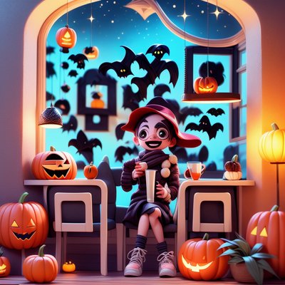 Хэллоуинское кафе с ребёнком: 3D мультяшный QR-код для постеров
