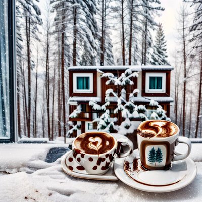 Snowy Cabin Latte Cups Photoreal QR Code for Posters