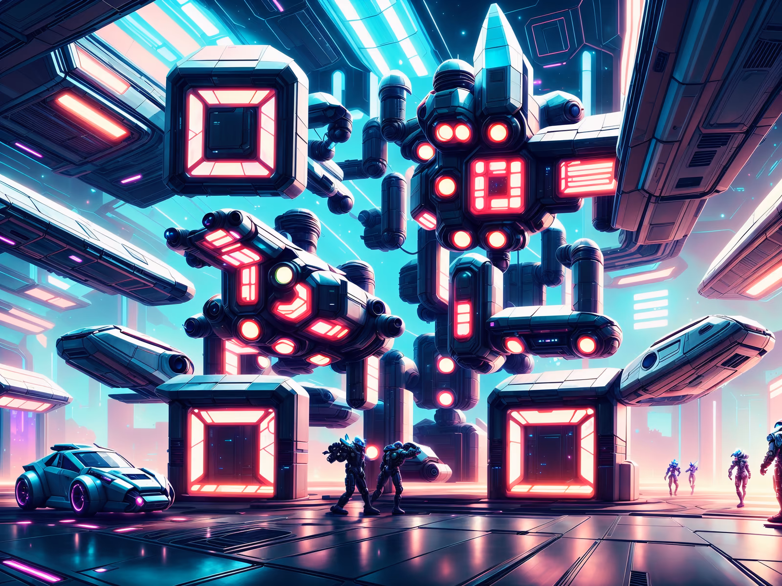 Фантастический ангар с космическими кораблями: QR-код в стиле игрового арта для постеров — изображение 1