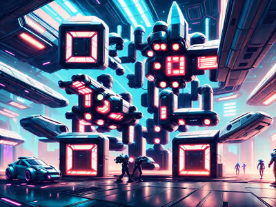 Фантастический ангар с космическими кораблями: QR-код в стиле игрового арта для постеров — изображение 1