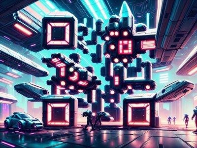 Фантастический ангар с космическими кораблями: QR-код в стиле игрового арта для постеров