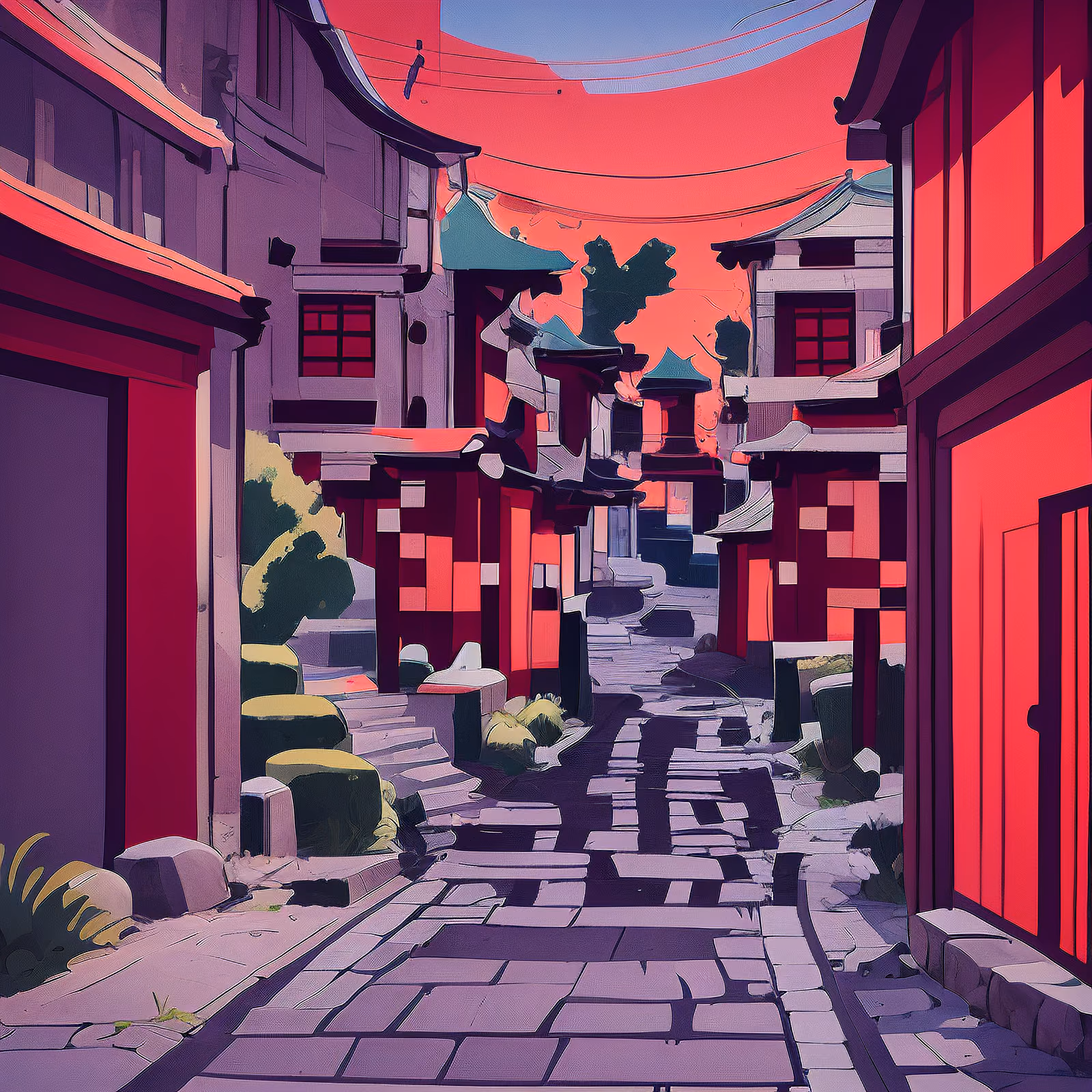 Japanese Alley Vector Cartoon QR Code for Posters — image 1