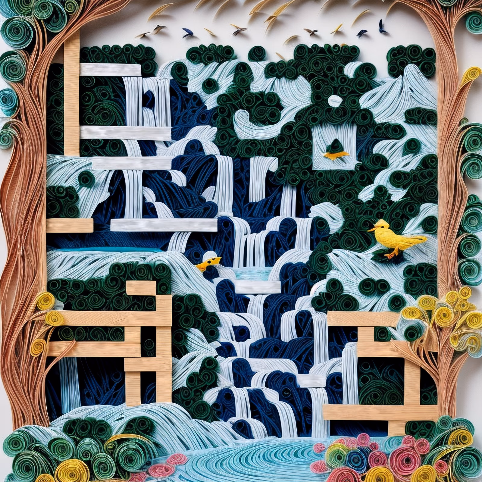 Quilled Waterfall and Birds QR Code Art — image 1
