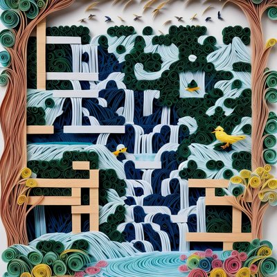 Quilled Waterfall and Birds QR Code Art