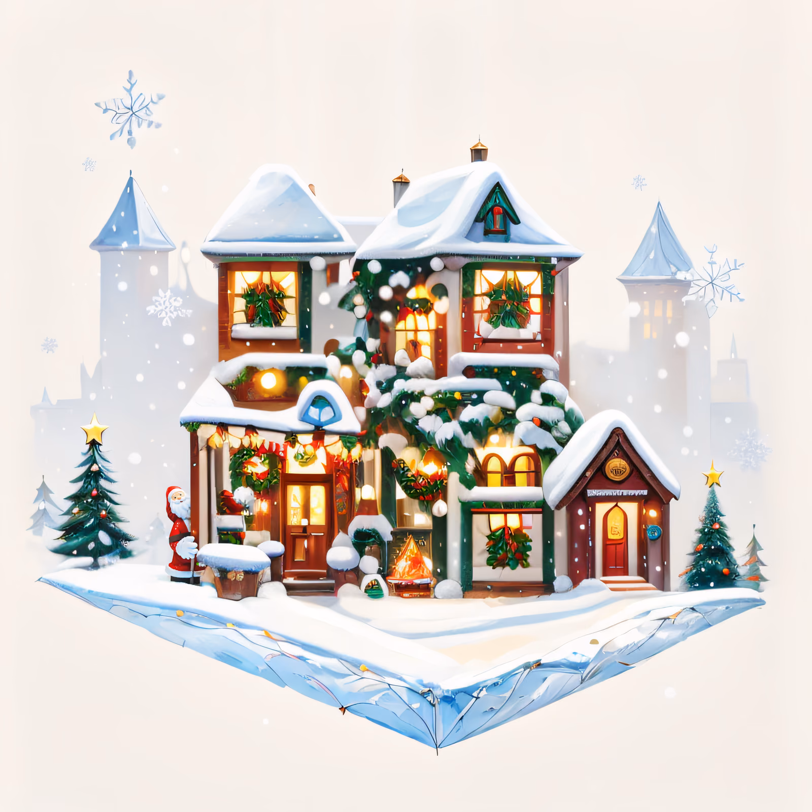 雪中圣诞小屋数字绘画二维码设计，适用于贺卡 — 图片 1