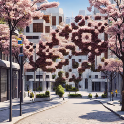 Cherry Blossom City Street Photorealistic QR Code Art — image 1