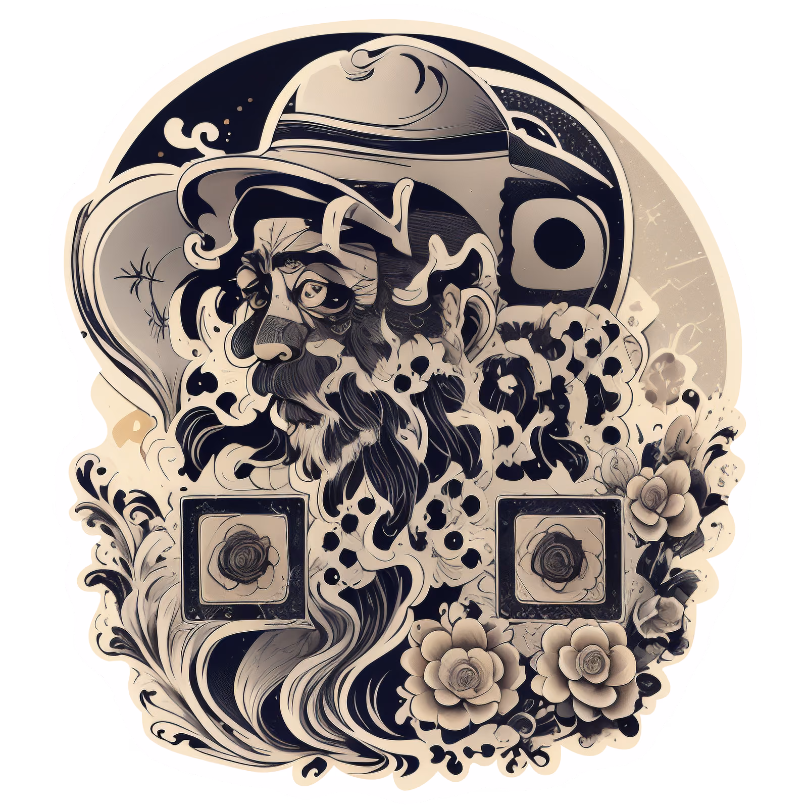 Бородатый мужчина с розами: винтажный QR-код для наклеек — изображение 1
