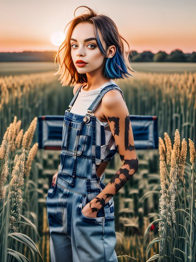 Denim Overall Woman Field Photo QR Code for Posters