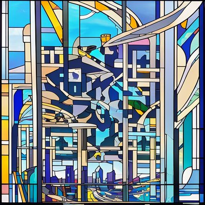 Futuristic Cityscape Stained Glass QR Code Art