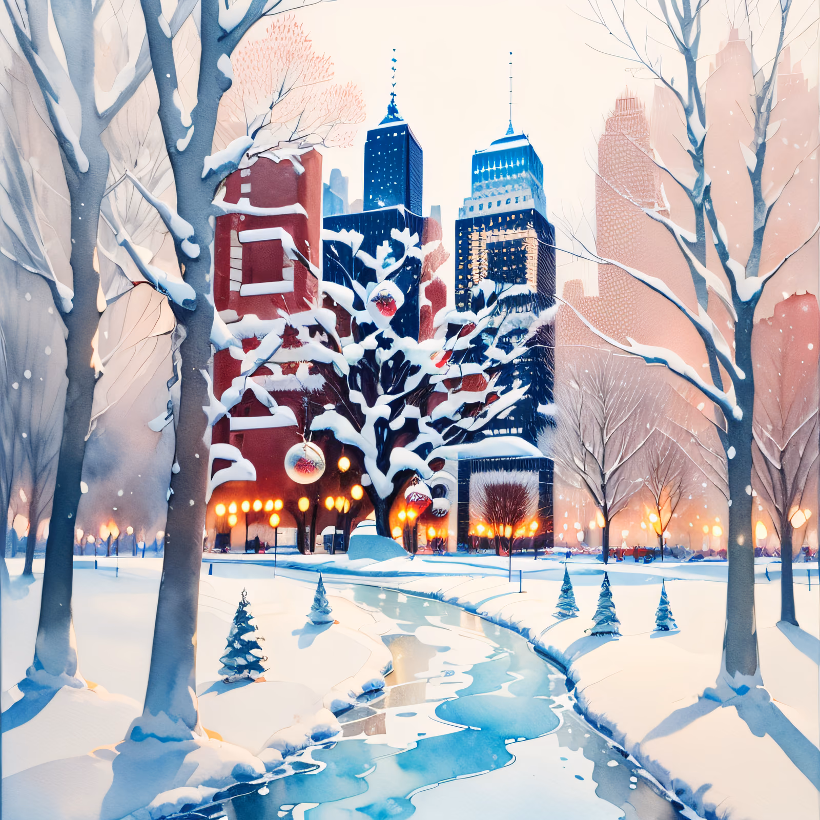 Snowy City Park Watercolor QR Code for Greeting Cards — image 1