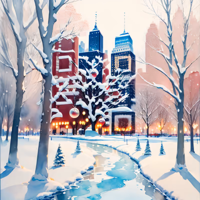 Snowy City Park Watercolor QR Code for Greeting Cards — image 1