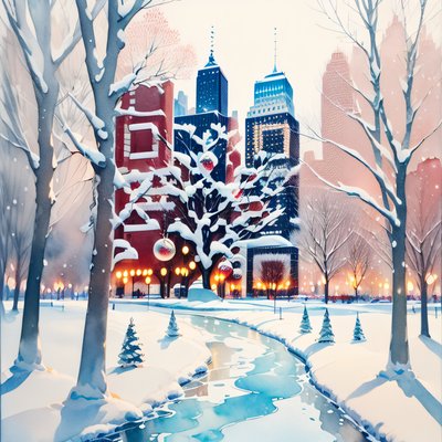 Snowy City Park Watercolor QR Code for Greeting Cards