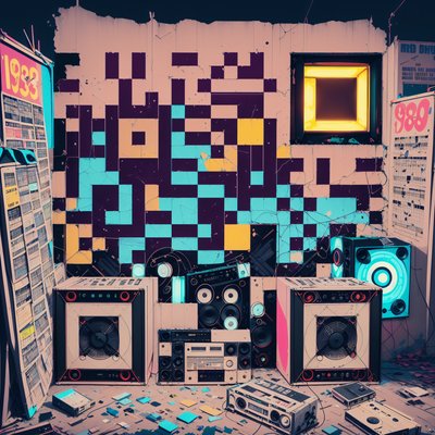 Ретро-бумбокс на стене: иллюстрация с QR-кодом для постеров