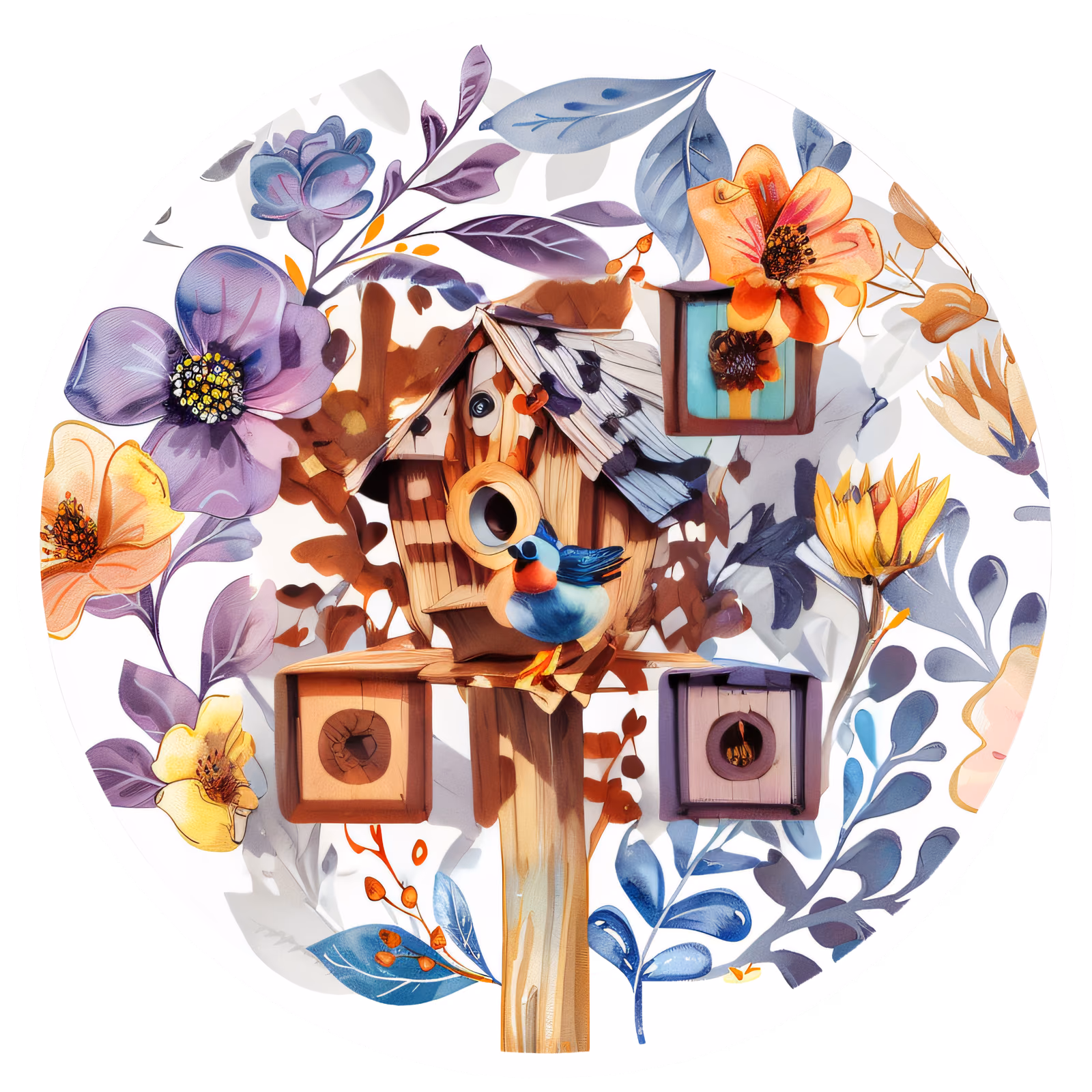 Скворечник и цветы: акварельный QR-код для наклеек — изображение 1
