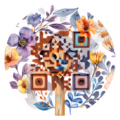 Скворечник и цветы: акварельный QR-код для наклеек — изображение 1