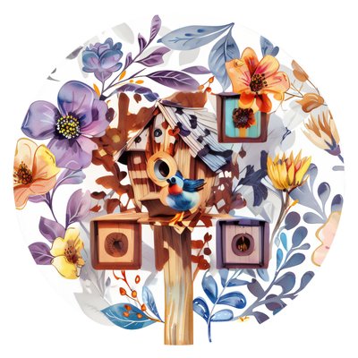 鸟屋与花朵水彩二维码艺术,适用于贴纸