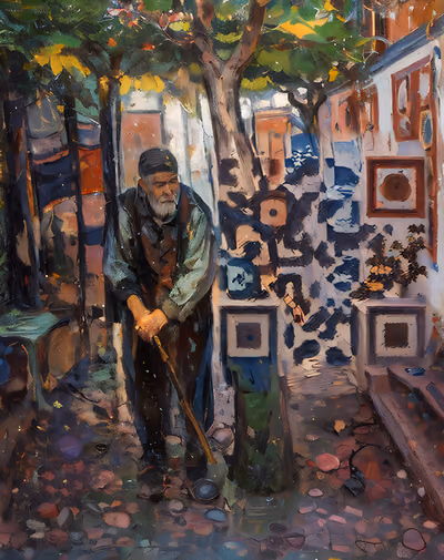 Old Man in Courtyard Painterly QR Code Art — image 1