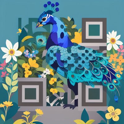 Peacock Garden Flat Vector Flowers QR Code Art