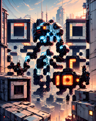 Giant Mech Cyberpunk Cityscape QR Code for Posters — image 1