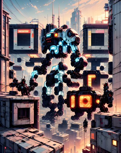 Giant Mech Cyberpunk Cityscape QR Code for Posters