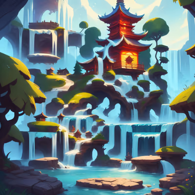 Pagoda Waterfall Fantasy Concept Art QR Code for Posters — image 1