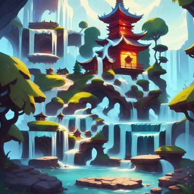 Pagoda Waterfall Fantasy Concept Art QR Code for Posters