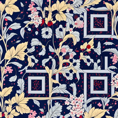 Цветочный QR-код с листьями и ягодами на тёмно-синем фоне