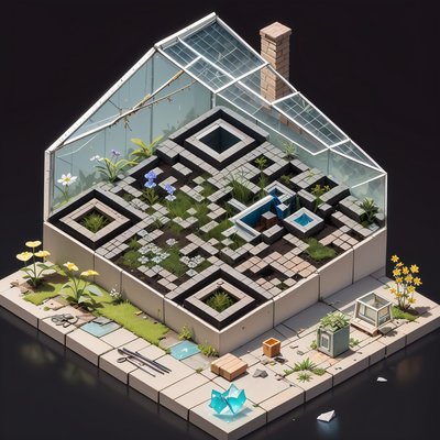 Isometric Ruined Greenhouse Diorama QR Code Art