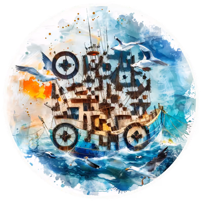 渔船海鸥水彩二维码艺术,适用于贴纸 — 图片 1