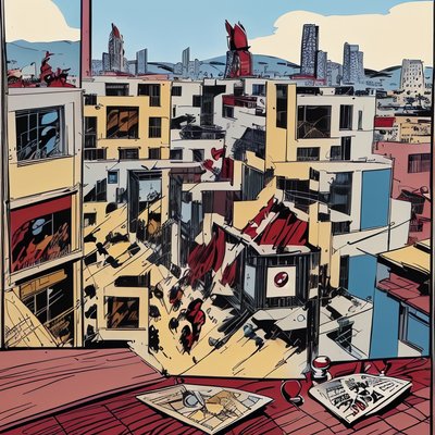 漫画风屋顶城市景观二维码设计海报