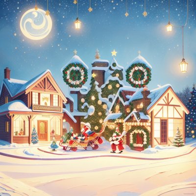 Snowy Christmas Village Digital Painting QR Code for Greeting Cards